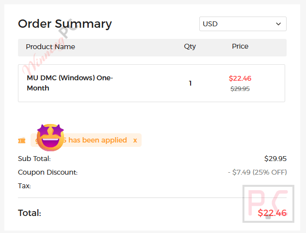 muconvert deezer music converter coupon code discount Checkout page screenshot pointing to the coupon entry field