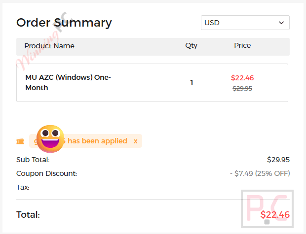 muconvert pandora music converter checkout with coupon code Price comparison proof showing original vs. discounted total.