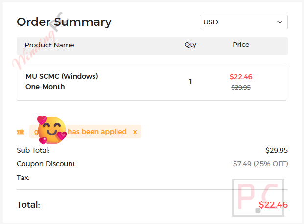 muconvert soundcloud music converter checkout with discount code Checkout page screenshot pointing to the discounted total