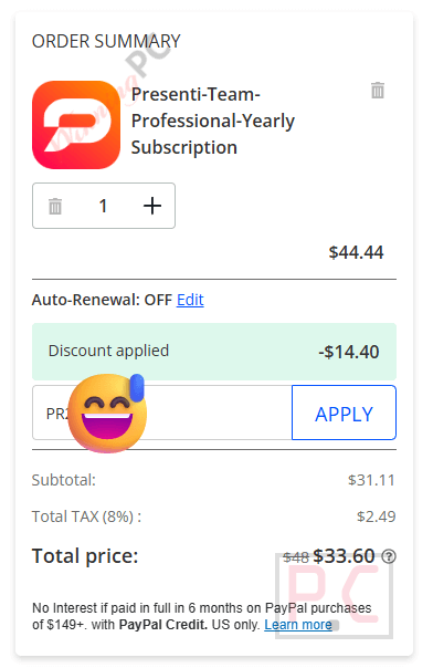 presenti ai checkout with coupon code Screenshot showing the original price crossed out, with the new $33.60 discounted total displayed.