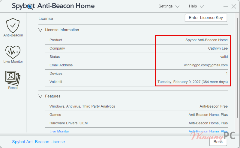 spybot anti beacon license information