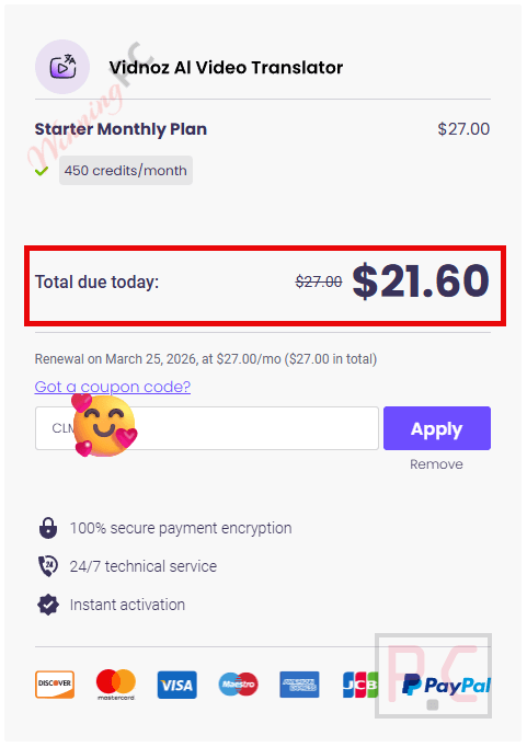 vidnoz ai video translator checkout page with coupon Vidnoz AI Video Translator coupon code applied successfully