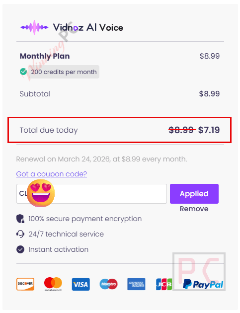 Vidnoz AI Voice coupon code applied successfully