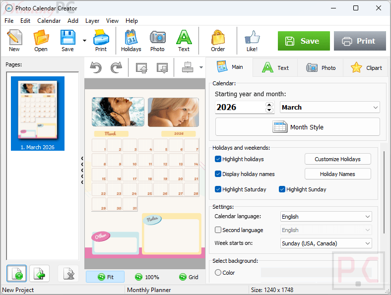 ams photo calendar creator main screenshot