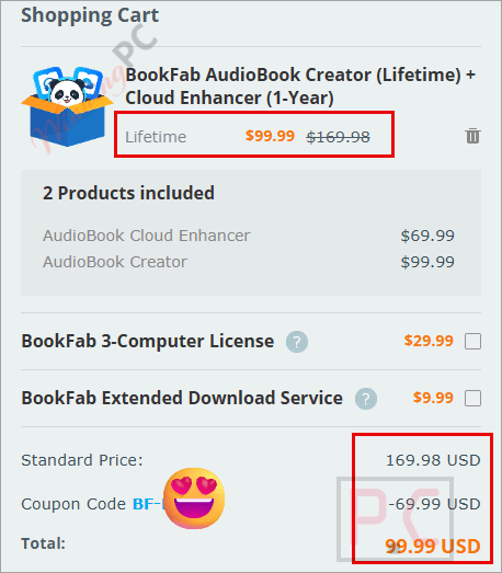 bookfab audiobook cloud enhancer checkout page with coupon BookFab AudioBook Cloud Enhancer coupon code applied successfully