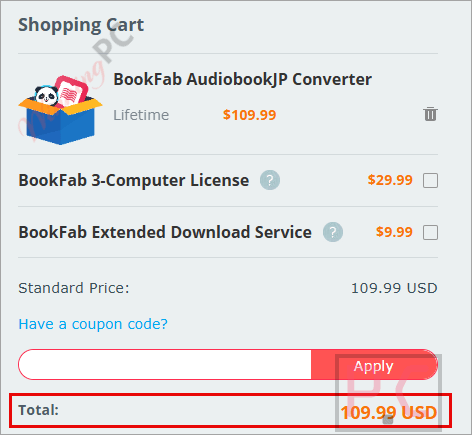 bookfab audiobookjp converter checkout page with coupon BookFab AudiobookJP Converter checkout page showing the discounted price