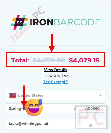 IronBarcode checkout page showing the discounted price.