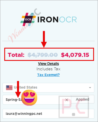 IronOCR checkout page showing the discounted price.