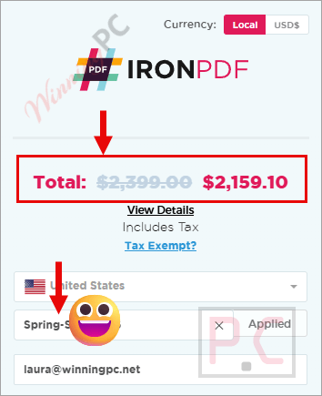 ironpdf checkout page with coupon Screenshot of IronPDF checkout page showing the discounted price.
