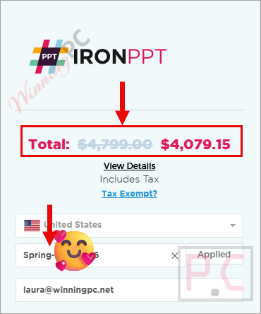 ironppt checkout page with coupon IronPPT coupon code applied successfully