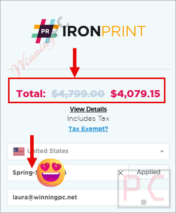 ironprint checkout page with coupon IronPrint checkout page showing the discounted price.