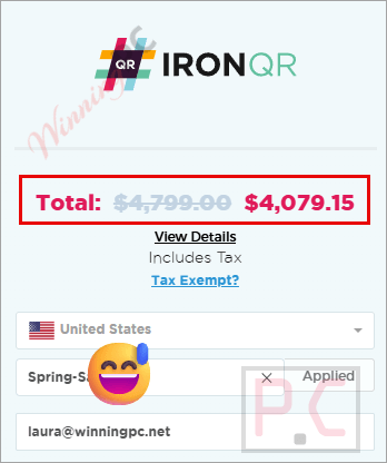 ironqr checkout page with coupon IronQR checkout page showing the discounted price.