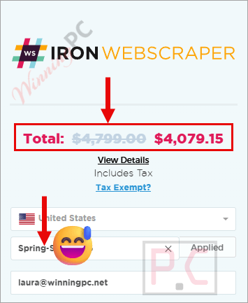 ironwebscraper checkout page with coupon IronWebScraper checkout page showing the discounted price.