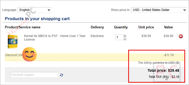 kernel for mbox to pst checkout page with coupon Kernel for MBOX to PST coupon code applied successfully