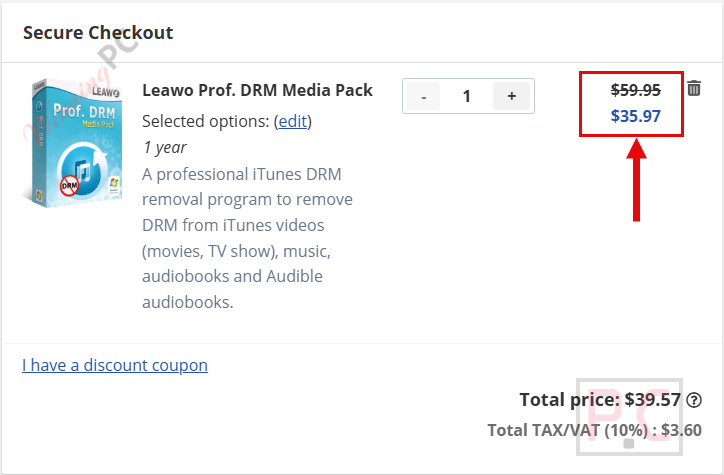 leawo prof drm media pack checkout page with coupon Leawo Prof. DRM Media Pack coupon code applied successfully