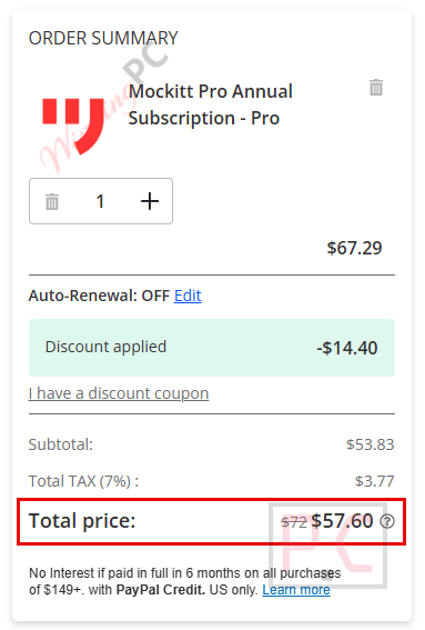 mockitt checkout page with coupon Mockitt checkout page showing the discounted price.