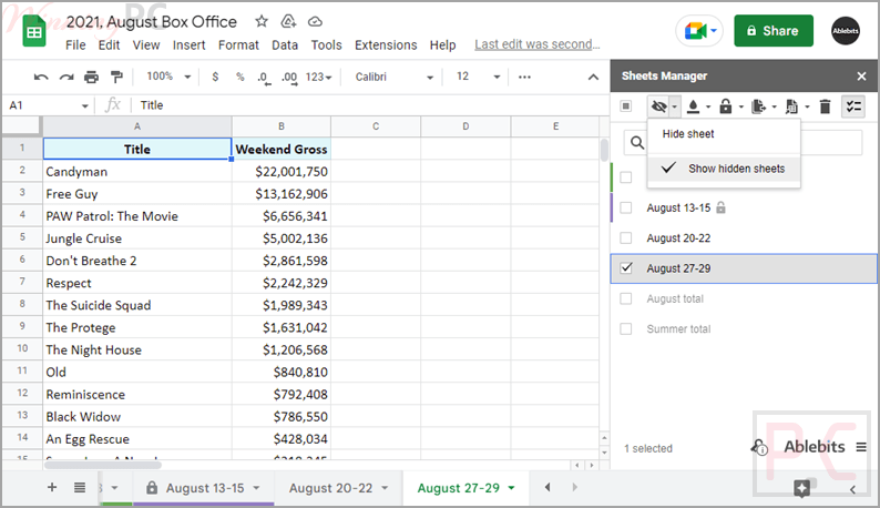 ablebits sheets manager for google sheets screenshot Sheets Manager for Google Sheets Coupon Code