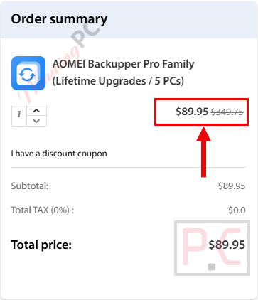 aomei backupper professional checkout page with coupon
