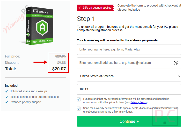 auslogics anti malware checkout page with coupon