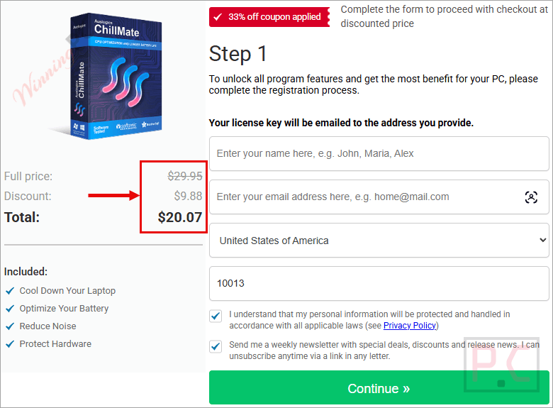 auslogics chillmate checkout page with coupon