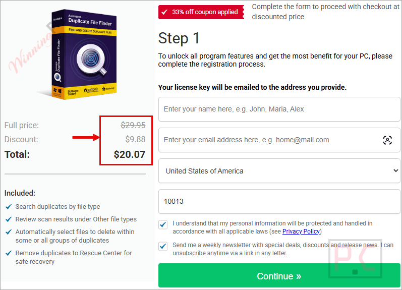 auslogics duplicate file finder checkout page with coupon