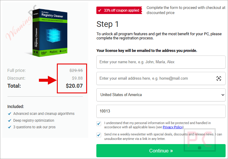 auslogics registry cleaner checkout page with coupon