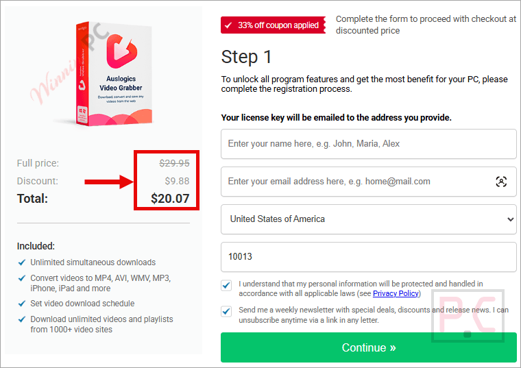 auslogics video grabber checkout page with coupon