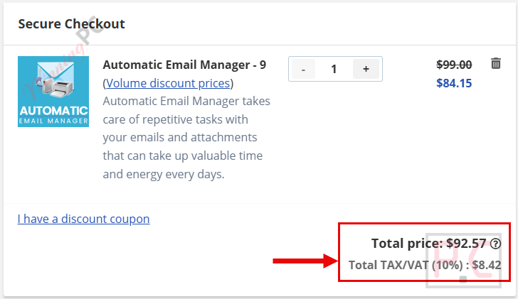 Automatic Email Manager checkout page showing the discounted price.
