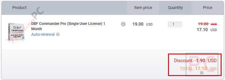 dbf commander professional checkout page with coupon Screenshot of DBF Commander Professional checkout page showing the discounted price