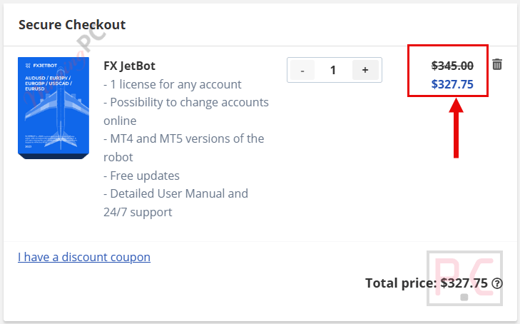 fx jetbot checkout page with coupon FX JetBot