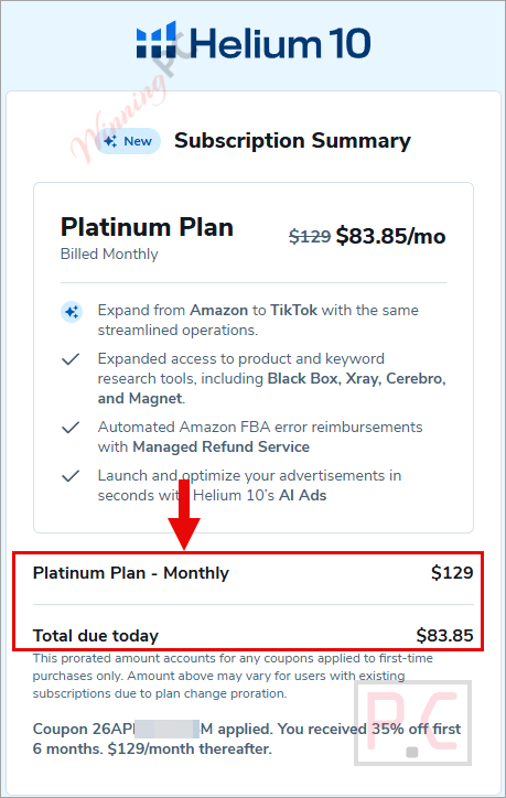 helium checkout page with coupon Screenshot of Helium checkout page showing the discounted price
