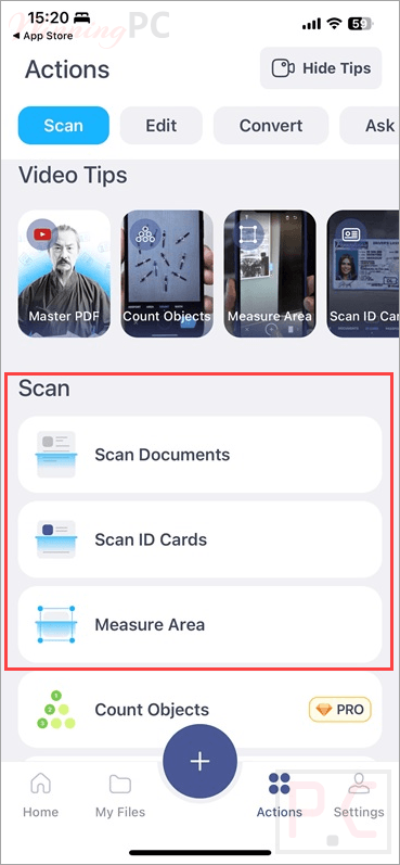iscanner app actions
