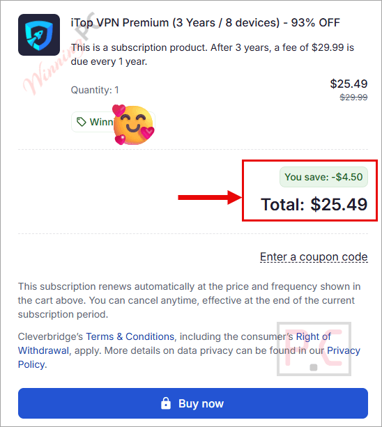 itop vpn checkout page with coupon