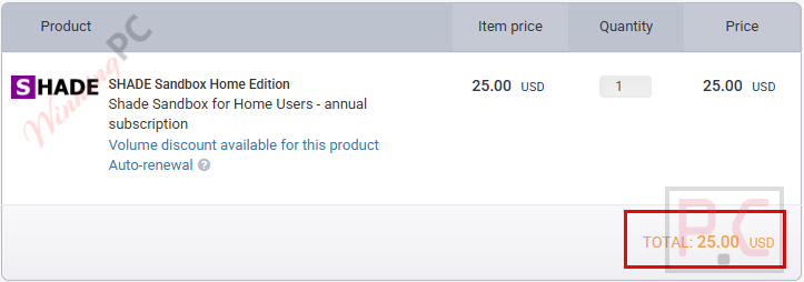SHADE Sandbox checkout page showing the discounted price