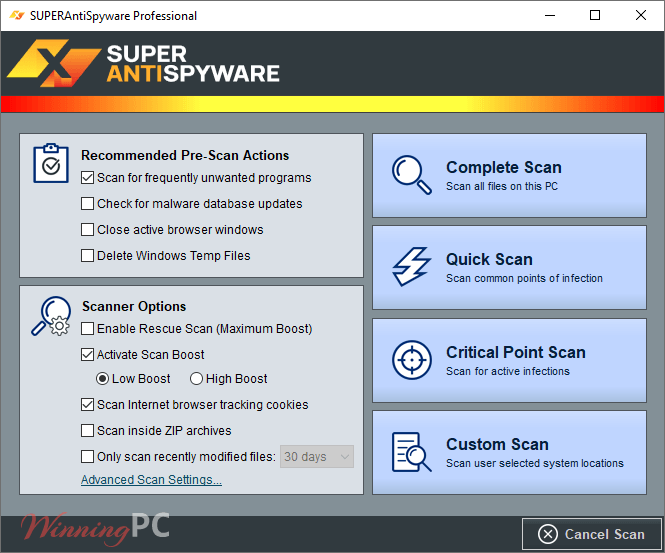 superantispyware scan options