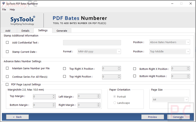 systools pdf bates numberer settings