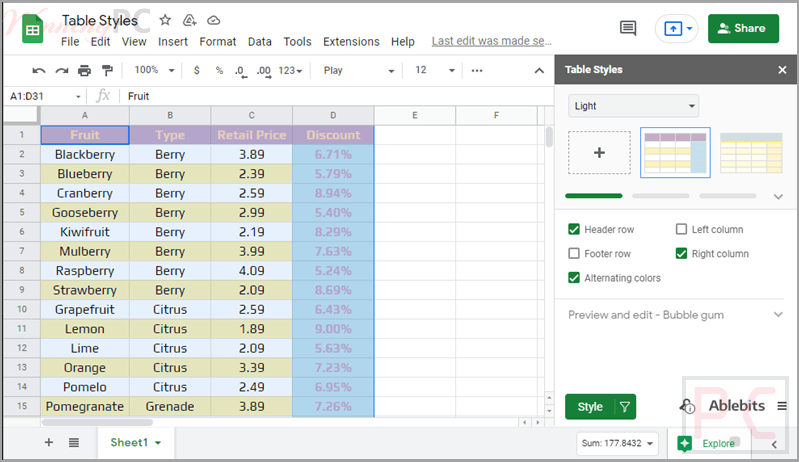 table styles add on for google sheets light table styles add on for google sheets light