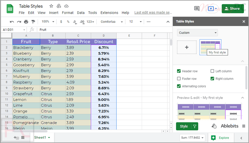 table styles add on for google sheets screenshot table styles add on for google sheets screenshot