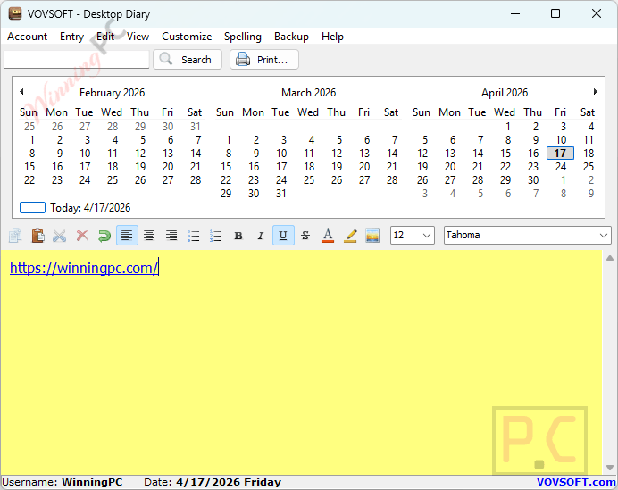 Vovsoft Desktop Diary