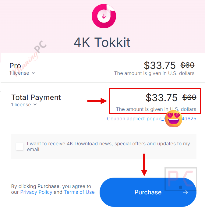 4k tokkit tiktok downloader checkout page with coupon