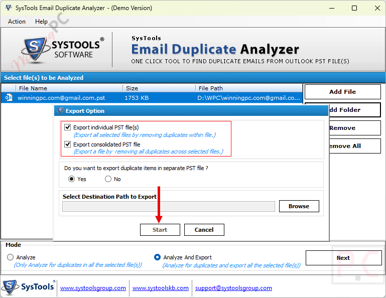 export option systools email duplicate analyzer