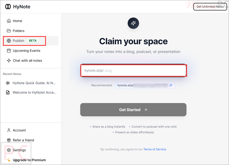 hynote ai publish