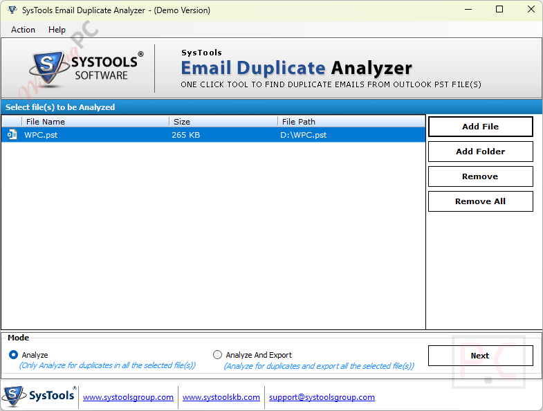 select files systools email duplicate analyzer