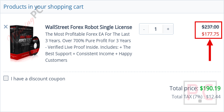 wallstreet forex robot checkout page with coupon