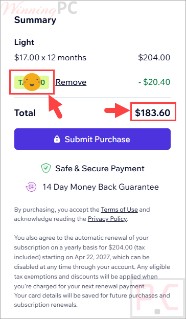 Wix checkout with coupon code