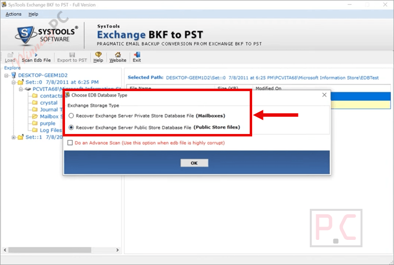 choose type systools exchange bkf to pst