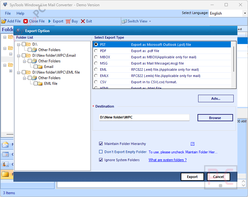 export option systools windows live mail converter
