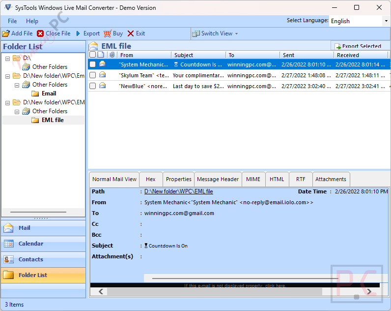 folder list systools windows live mail converter