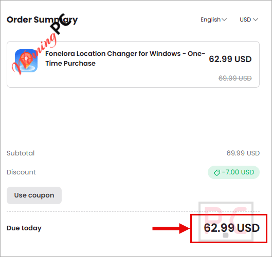 fonelora location changer checkout page with coupon
