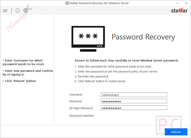 reboot stellar password recovery for windows server